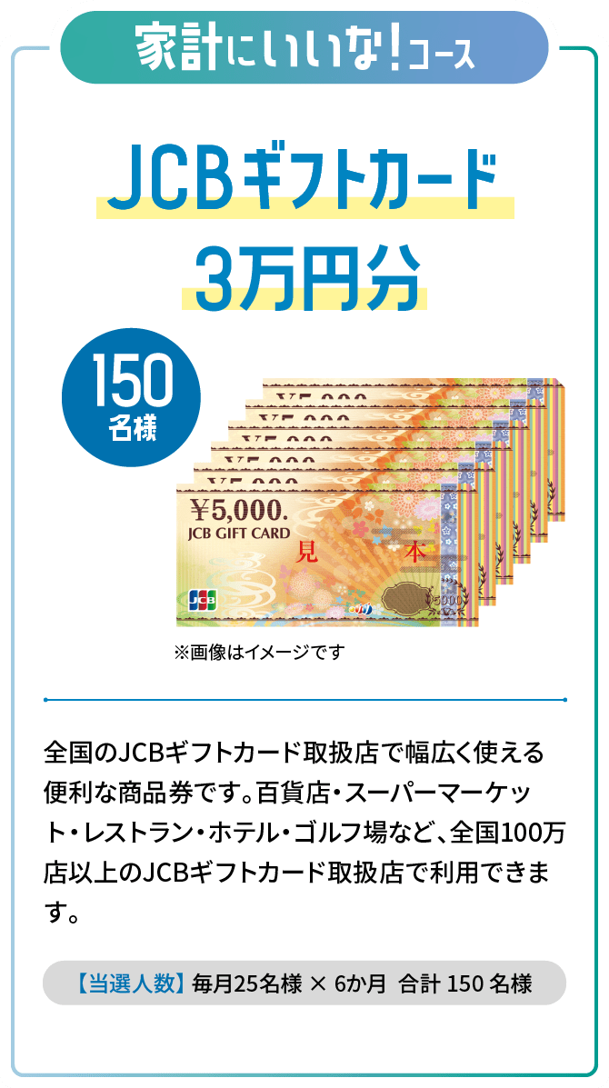 家計にいいな！コース JCBギフトカード 3万円分 全国のJCBギフトカード取扱店で幅広く使える便利な商品券です。百貨店・スーパーマーケット・レストラン・ホテル・ゴルフ場など、全国100万店以上のJCBギフトカード取扱店で利用できます。【当選人数】毎月25名様×6か月 合計150名様